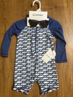 Sperry Blue and White Fish-Print Kids Rash Guard